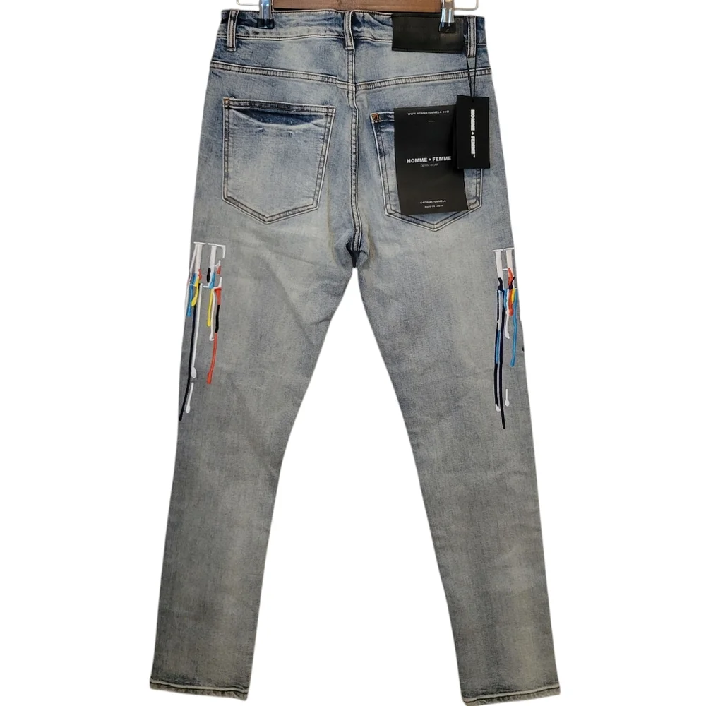 NWT Homme + Femme Letterman Men's Drip Denim Blue With White Letters Size 30/S - Picture 8 of 13